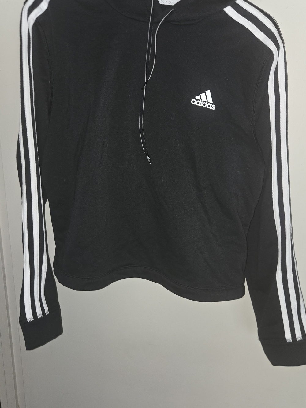 adidas Black Cropped Hoodie with White Three-Stripes